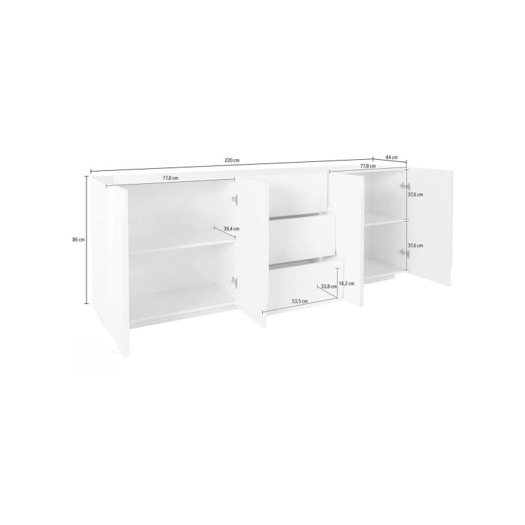 Credenza bianco lucida moderna 224x44x86h cm 4 ante e 3 cassetti - Zeus