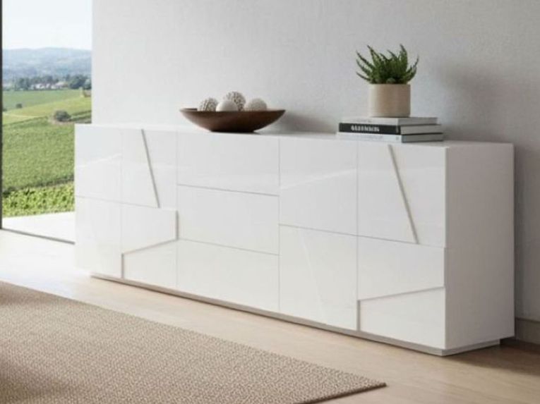 Credenza bianco lucida moderna 224x44x86h cm 4 ante e 3 cassetti - Zeus