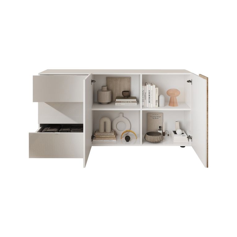 Credenza Bianco Lucido 2 Ripiani 3 Cassetti 181x44x84h cm, 4 Vani - Busi