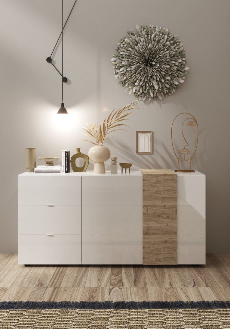 Credenza Bianco Lucido 2 Ripiani 3 Cassetti 181x44x84h cm, 4 Vani - Busi