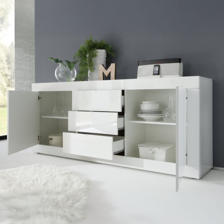 Credenza Bianco Lucido 2 Ripiani 3 Cassetti 210x42x85.8h cm, 4 Vani - Pasubio