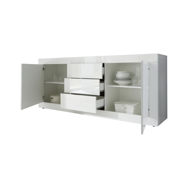 Credenza Bianco Lucido 2 Ripiani 3 Cassetti 210x42x85.8h cm, 4 Vani - Pasubio