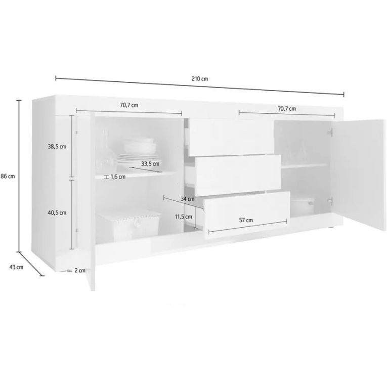 Credenza Bianco Lucido 2 Ripiani 3 Cassetti 210x42x85.8h cm, 4 Vani - Pasubio