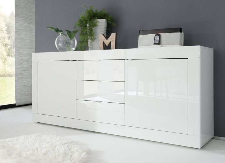 Credenza Bianco Lucido 2 Ripiani 3 Cassetti 210x42x85.8h cm, 4 Vani - Pasubio