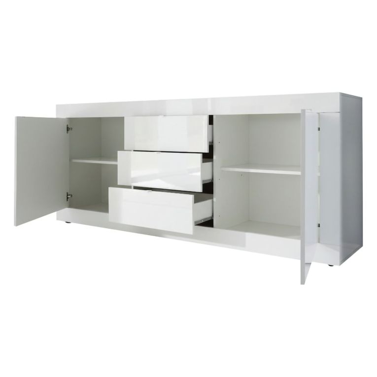 Credenza Bianco Lucido 2 Ripiani 3 Cassetti 210x42x85.8h cm, 4 Vani - Pasubio
