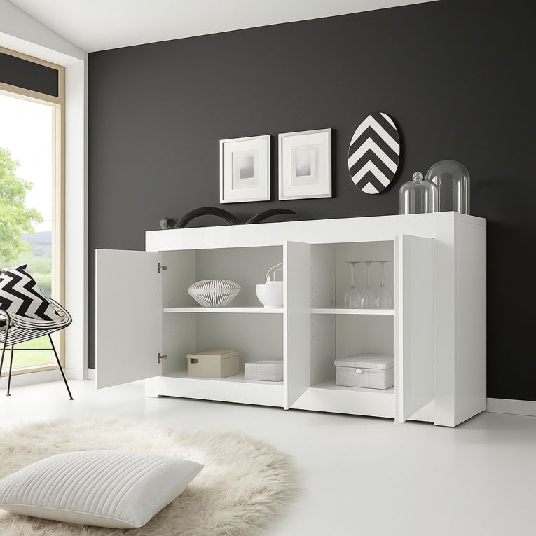 Credenza Bianco Lucido 2 Ripiani 4 Vani 160x42x85.8h cm, 3 Ante - Introbio