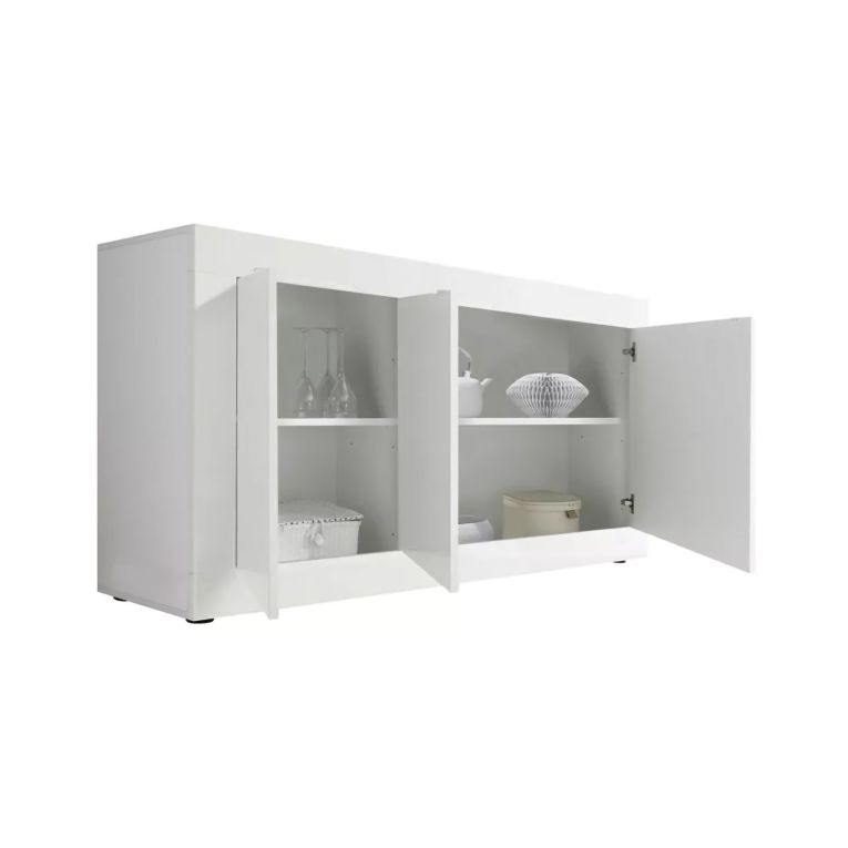 Credenza Bianco Lucido 2 Ripiani 4 Vani 160x42x85.8h cm, 3 Ante - Introbio