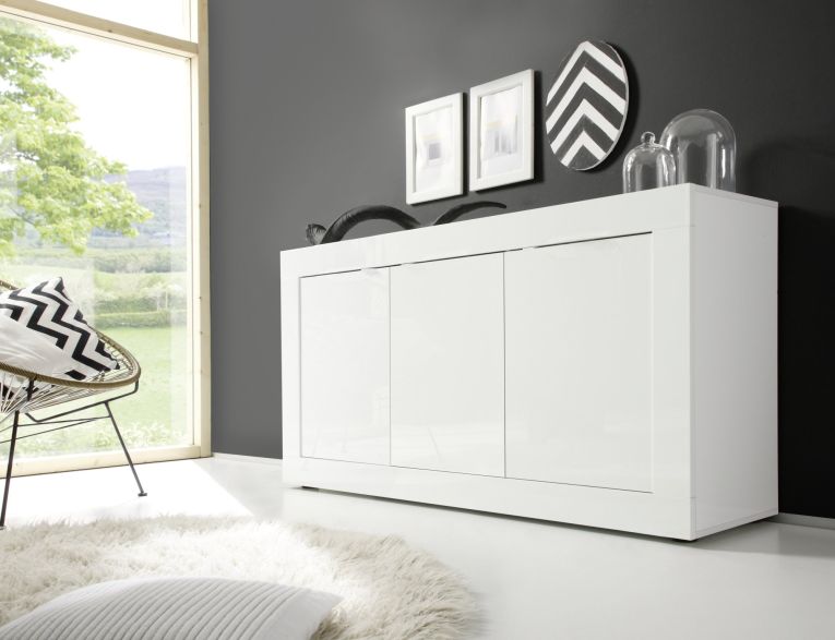Credenza Bianco Lucido 2 Ripiani 4 Vani 160x42x85.8h cm, 3 Ante - Introbio