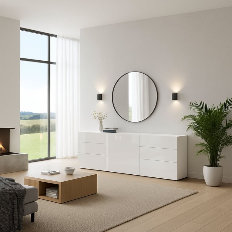Credenza Bianco Lucido 6 Cassetti Un'anta 170x40x60.2h cm, Apertura Battente e Scorrevole - Agito