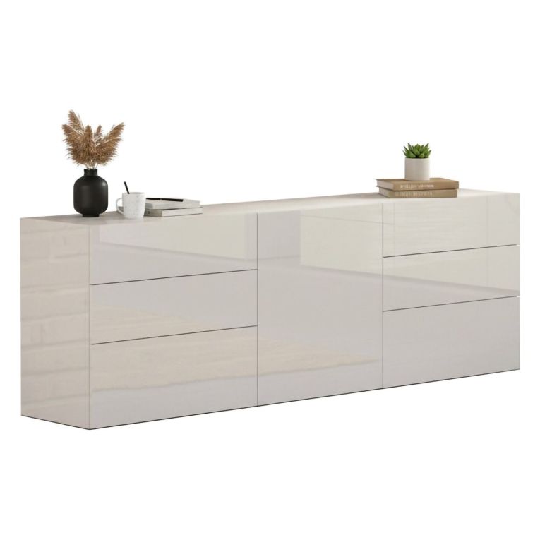 Credenza Bianco Lucido 6 Cassetti Un'anta 170x40x60.2h cm, Apertura Battente e Scorrevole - Agito