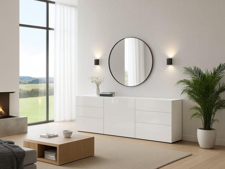 Credenza Bianco Lucido 6 Cassetti Un'anta 170x40x60.2h cm, Apertura Battente e Scorrevole - Agito