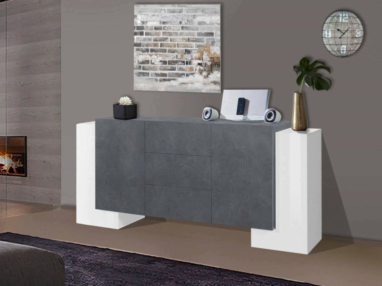 Credenza Bianco Lucido Grigio Ardesia 4 Ripiani 3 Cassetti 210x45x85h cm, 4 Ante Made in Italy - Alchemy