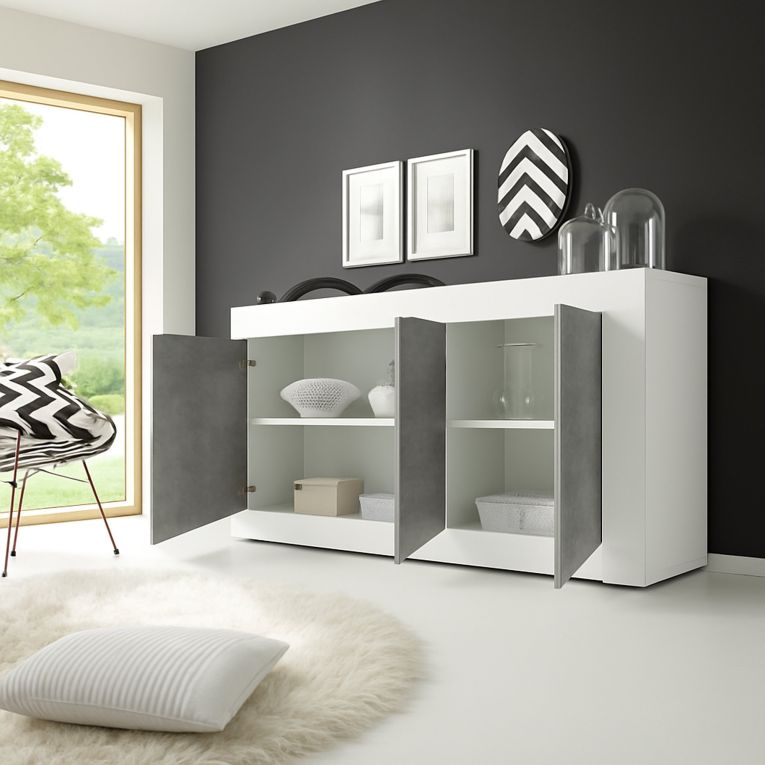 Credenza Bianco Lucido Grigio Cemento 2 Ripiani 4 Vani 160x42x85.8h cm, 3 Ante - Introbio