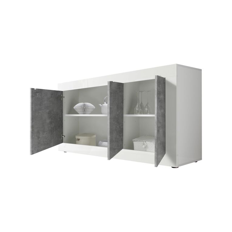 Credenza Bianco Lucido Grigio Cemento 2 Ripiani 4 Vani 160x42x85.8h cm, 3 Ante - Introbio