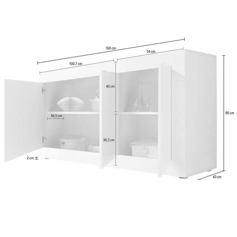 Credenza Bianco Lucido Grigio Cemento 2 Ripiani 4 Vani 160x42x85.8h cm, 3 Ante - Introbio