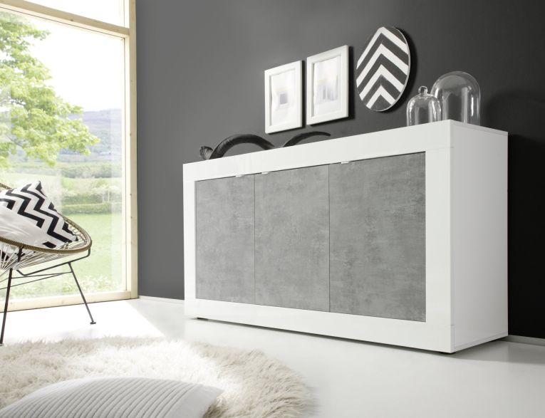 Credenza Bianco Lucido Grigio Cemento 2 Ripiani 4 Vani 160x42x85.8h cm, 3 Ante - Introbio