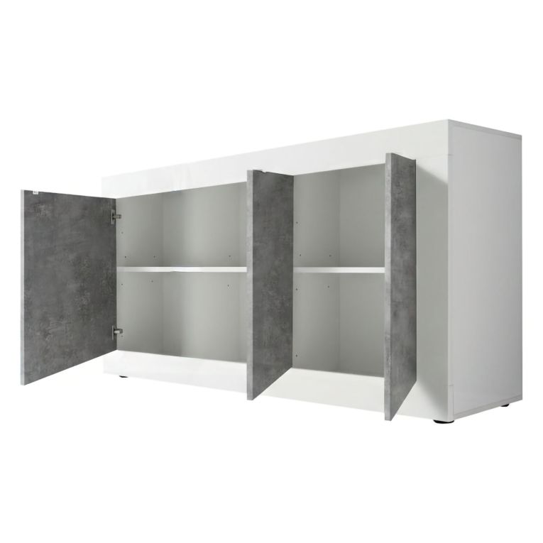 Credenza Bianco Lucido Grigio Cemento 2 Ripiani 4 Vani 160x42x85.8h cm, 3 Ante - Introbio