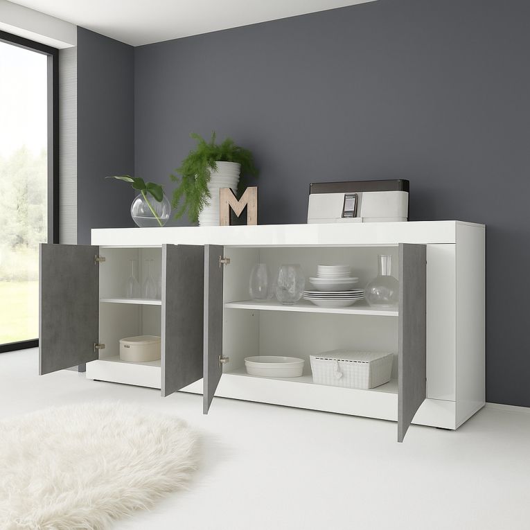 Credenza Bianco Lucido Grigio Cemento 2 Ripiani 4 Vani 207x43x86h cm, 4 Ante - Poli