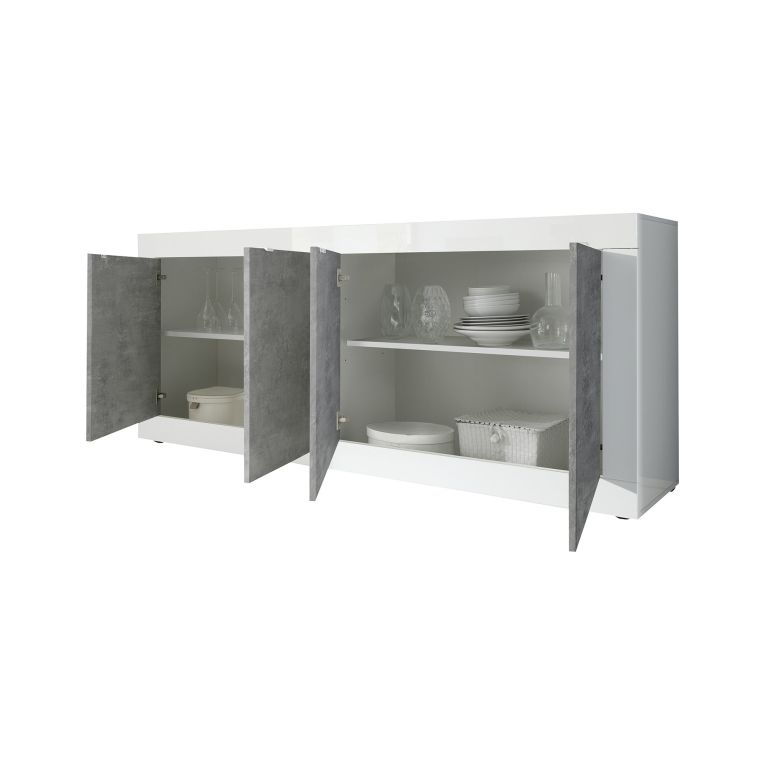 Credenza Bianco Lucido Grigio Cemento 2 Ripiani 4 Vani 207x43x86h cm, 4 Ante - Poli
