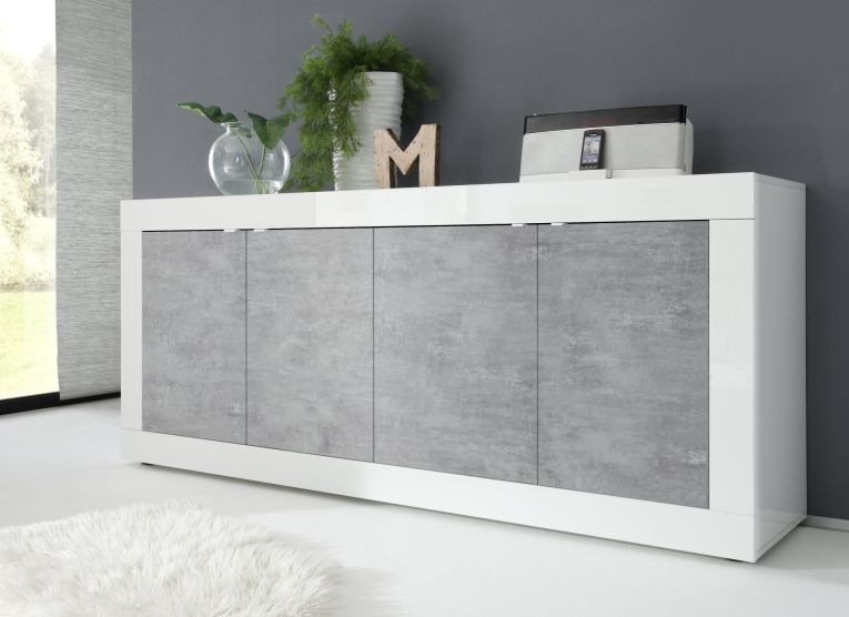 Credenza Bianco Lucido Grigio Cemento 2 Ripiani 4 Vani 207x43x86h cm, 4 Ante - Poli