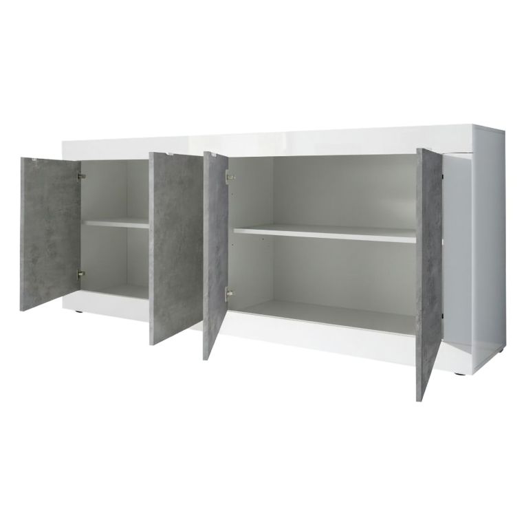 Credenza Bianco Lucido Grigio Cemento 2 Ripiani 4 Vani 207x43x86h cm, 4 Ante - Poli