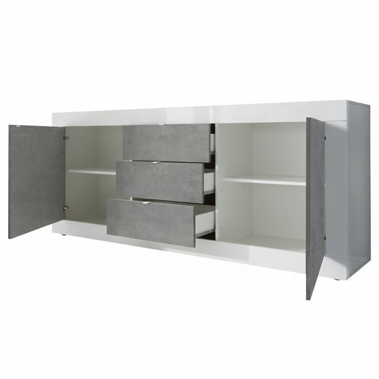 Credenza Bianco Lucido Grigio Cemento 3 Cassetti 2 Ripiani 210x42x85.8h cm, 2 Ante - Pasubio