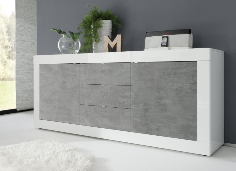 Credenza Bianco Lucido Grigio Cemento 3 Cassetti 2 Ripiani 210x42x85.8h cm, 2 Ante - Pasubio