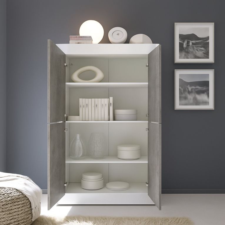 Credenza Bianco Lucido Grigio Cemento 3 Ripiani 4 Vani 101.4x42x161.2h cm, 4 Ante - Sampeyre