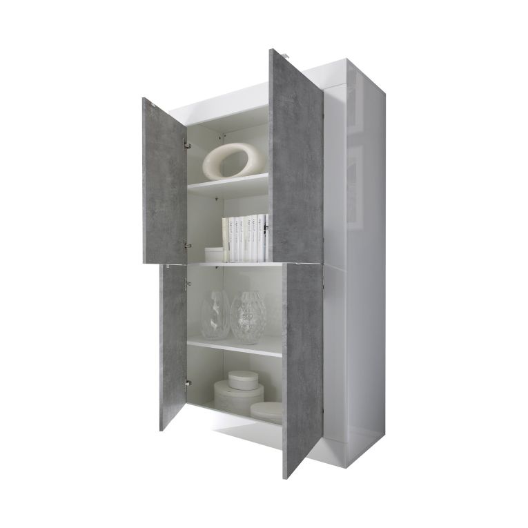 Credenza Bianco Lucido Grigio Cemento 3 Ripiani 4 Vani 101.4x42x161.2h cm, 4 Ante - Sampeyre