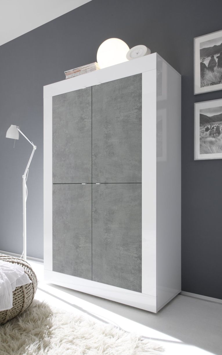 Credenza Bianco Lucido Grigio Cemento 3 Ripiani 4 Vani 101.4x42x161.2h cm, 4 Ante - Sampeyre