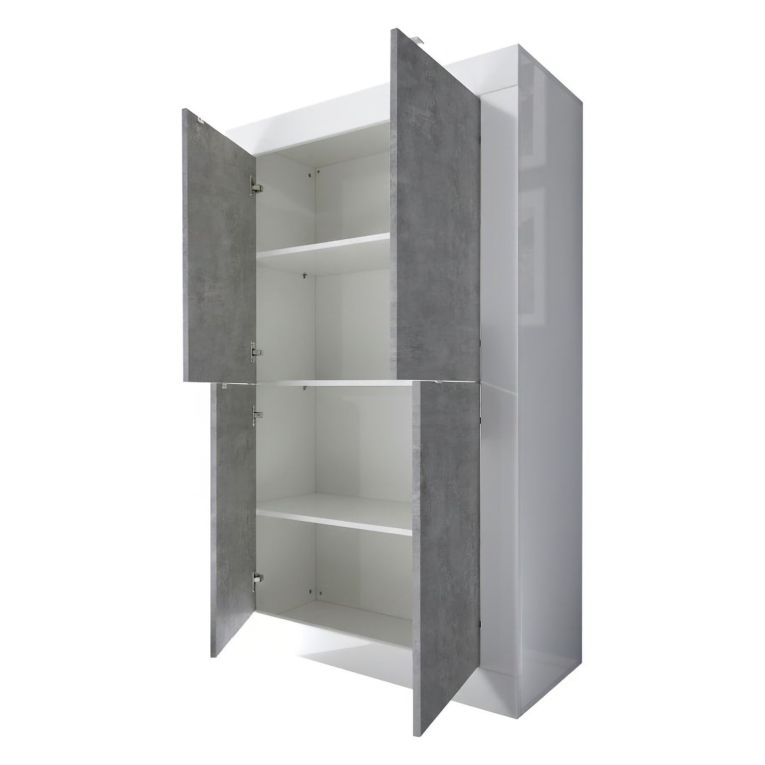 Credenza Bianco Lucido Grigio Cemento 3 Ripiani 4 Vani 101.4x42x161.2h cm, 4 Ante - Sampeyre