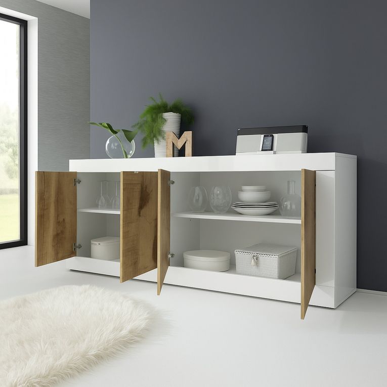 Credenza Bianco Lucido Marrone Pero 2 Ripiani 4 Ante 207x43x86h cm, 4 Vani - Poli
