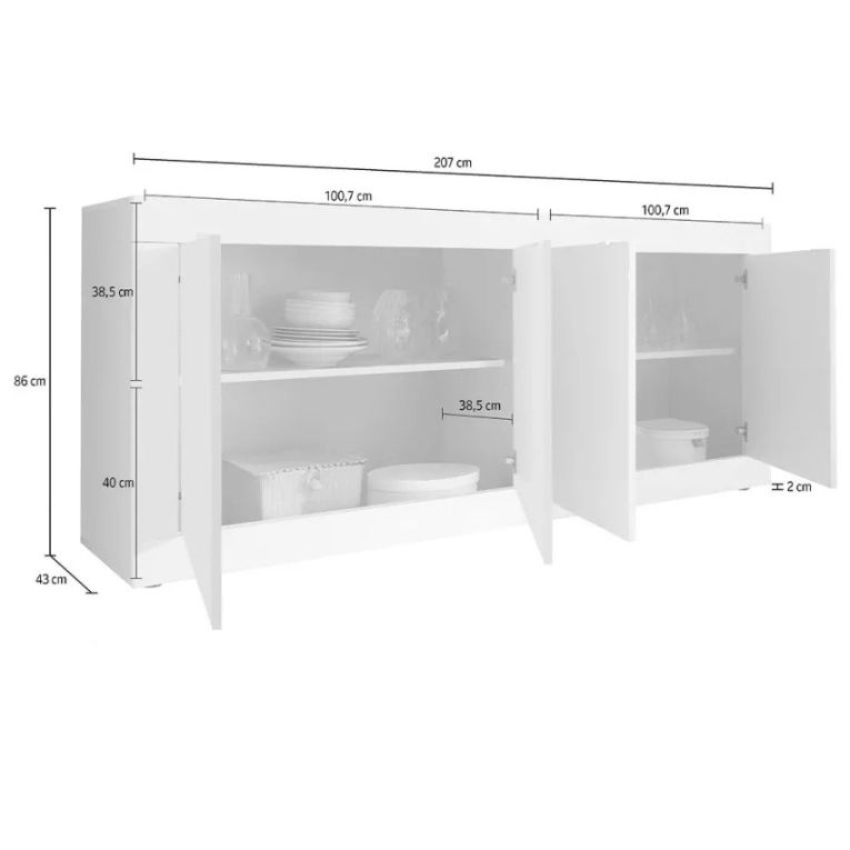Credenza Bianco Lucido Marrone Pero 2 Ripiani 4 Ante 207x43x86h cm, 4 Vani - Poli