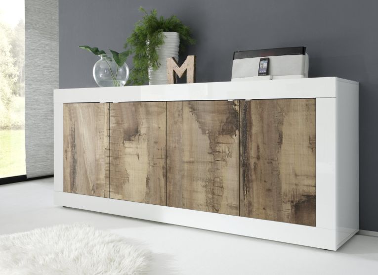 Credenza Bianco Lucido Marrone Pero 2 Ripiani 4 Ante 207x43x86h cm, 4 Vani - Poli