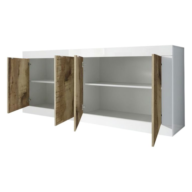 Credenza Bianco Lucido Marrone Pero 2 Ripiani 4 Ante 207x43x86h cm, 4 Vani - Poli