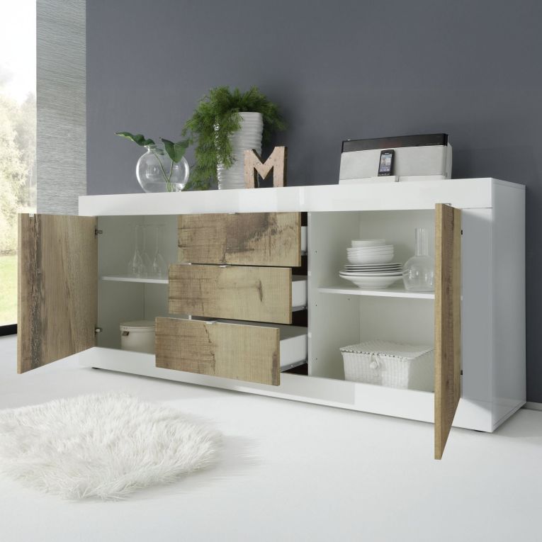 Credenza Bianco Lucido Marrone Pero 3 Cassetti 2 Ripiani 210x42x85.8h cm, 2 Ante - Pasubio