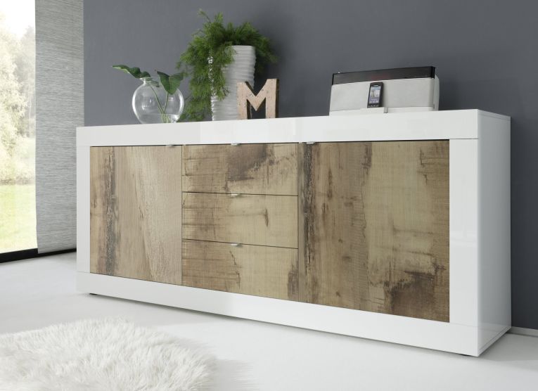 Credenza Bianco Lucido Marrone Pero 3 Cassetti 2 Ripiani 210x42x85.8h cm, 2 Ante - Pasubio