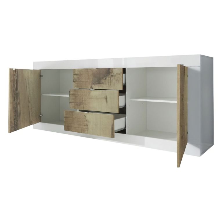 Credenza Bianco Lucido Marrone Pero 3 Cassetti 2 Ripiani 210x42x85.8h cm, 2 Ante - Pasubio
