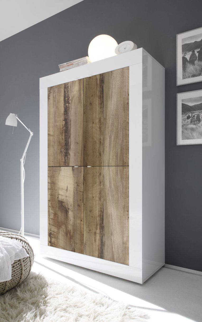 Credenza Bianco Lucido Marrone Pero 3 Ripiani 4 Ante 101.4x42x161.2h cm, 4 Vani - Sampeyre