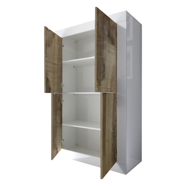 Credenza Bianco Lucido Marrone Pero 3 Ripiani 4 Ante 101.4x42x161.2h cm, 4 Vani - Sampeyre