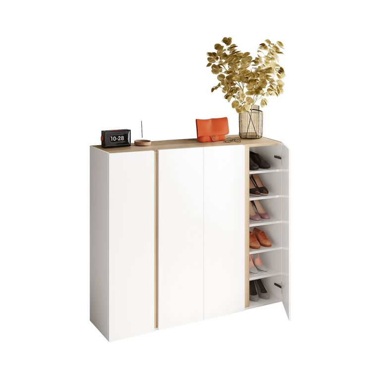 Credenza Bianco Lucido Marrone Rovere 10 Ripiani 12 Vani 140x35x111h cm, 4 Ante - Ghiffa