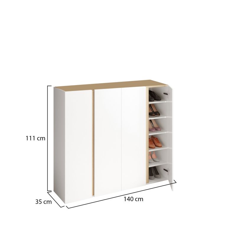 Credenza Bianco Lucido Marrone Rovere 10 Ripiani 12 Vani 140x35x111h cm, 4 Ante - Ghiffa