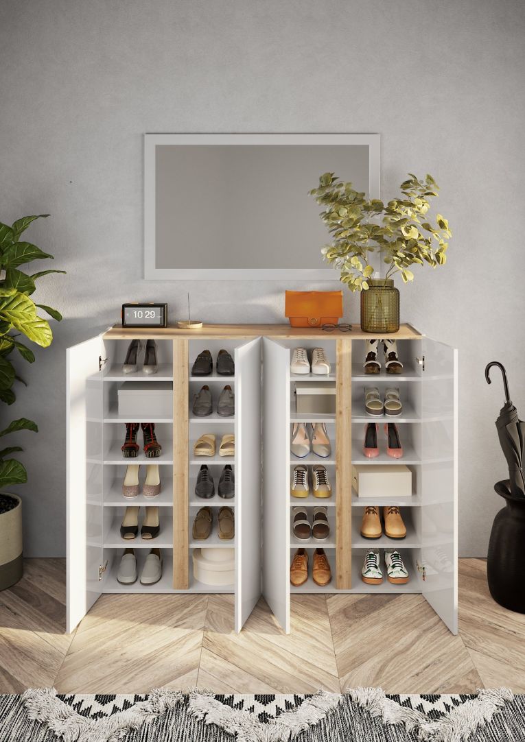 Credenza Bianco Lucido Marrone Rovere 10 Ripiani 12 Vani 140x35x111h cm, 4 Ante - Ghiffa