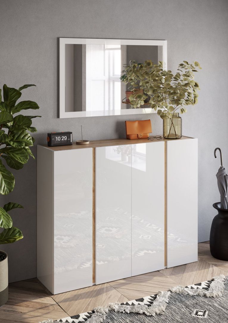 Credenza Bianco Lucido Marrone Rovere 10 Ripiani 12 Vani 140x35x111h cm, 4 Ante - Ghiffa