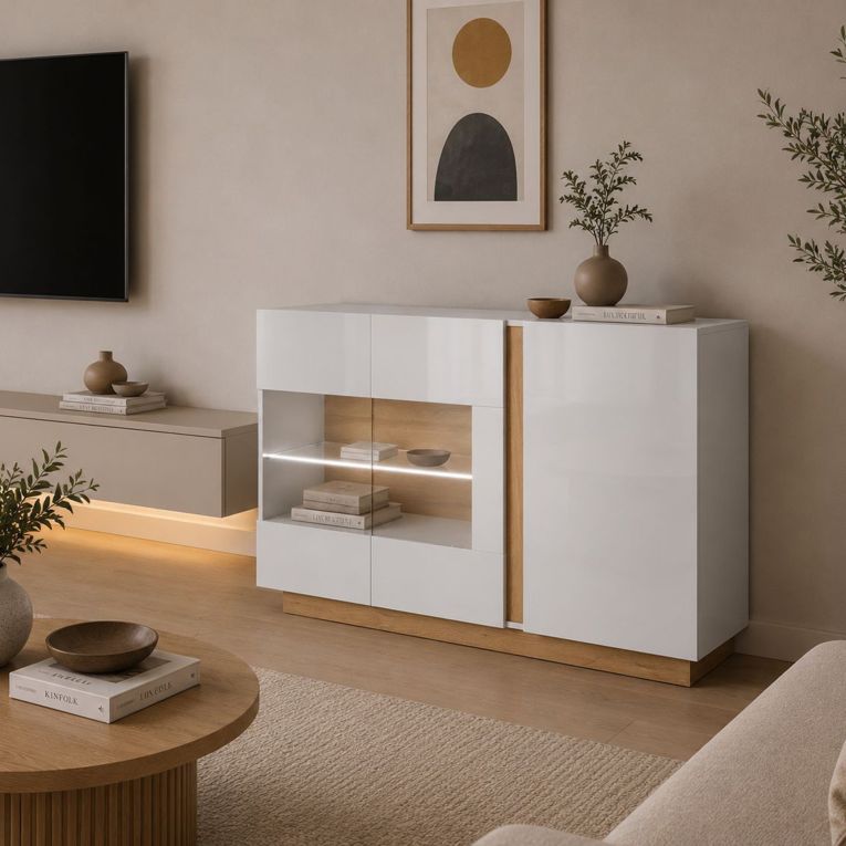 Credenza Bianco Lucido Marrone Rovere 3 Ripiani Apertura Battente 138x40x91h cm, 3 Ante - Haka