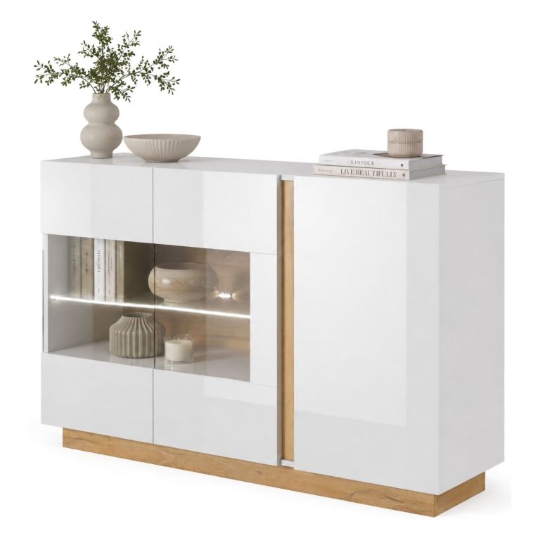 Credenza Bianco Lucido Marrone Rovere 3 Ripiani Apertura Battente 138x40x91h cm, 3 Ante - Haka