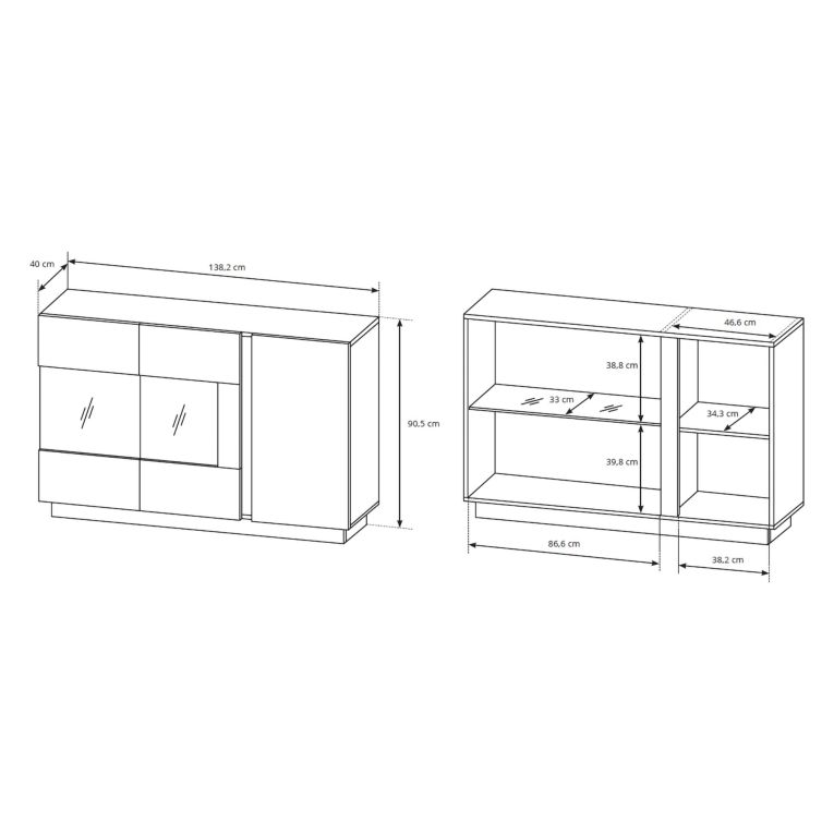 Credenza Bianco Lucido Marrone Rovere 3 Ripiani Apertura Battente 138x40x91h cm, 3 Ante - Haka