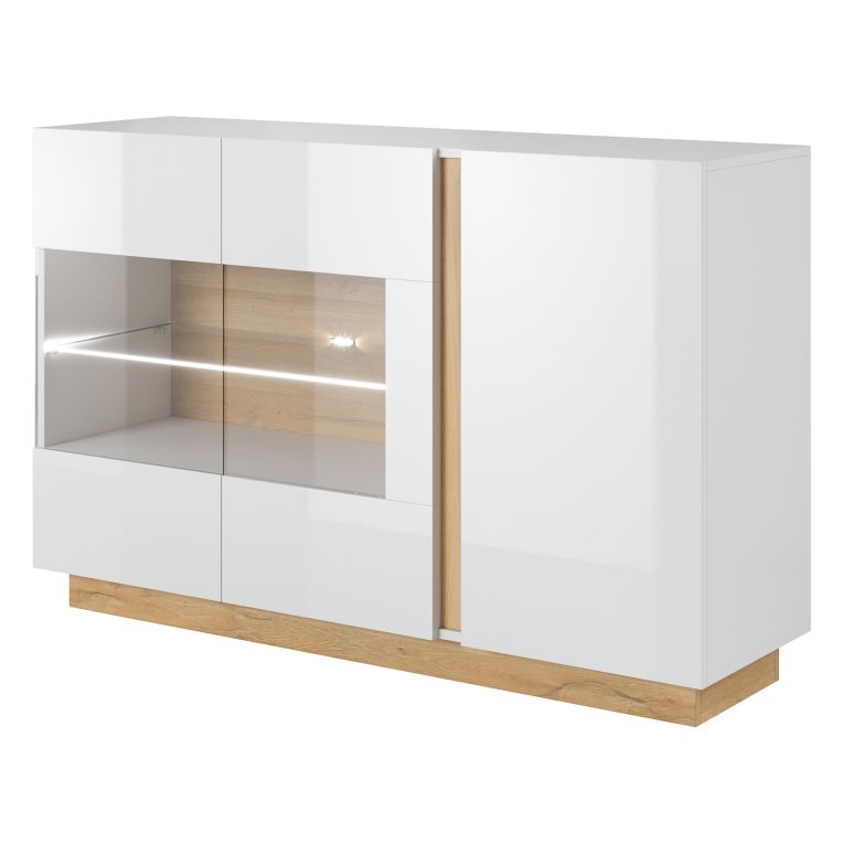 Credenza Bianco Lucido Marrone Rovere 3 Ripiani Apertura Battente 138x40x91h cm, 3 Ante - Haka