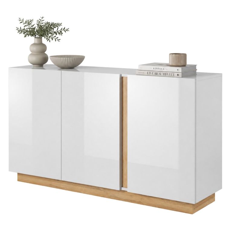 Credenza Bianco Lucido Marrone Rovere 3 Ripiani Apertura Battente 138x40x91h cm, 3 Ante - Hala