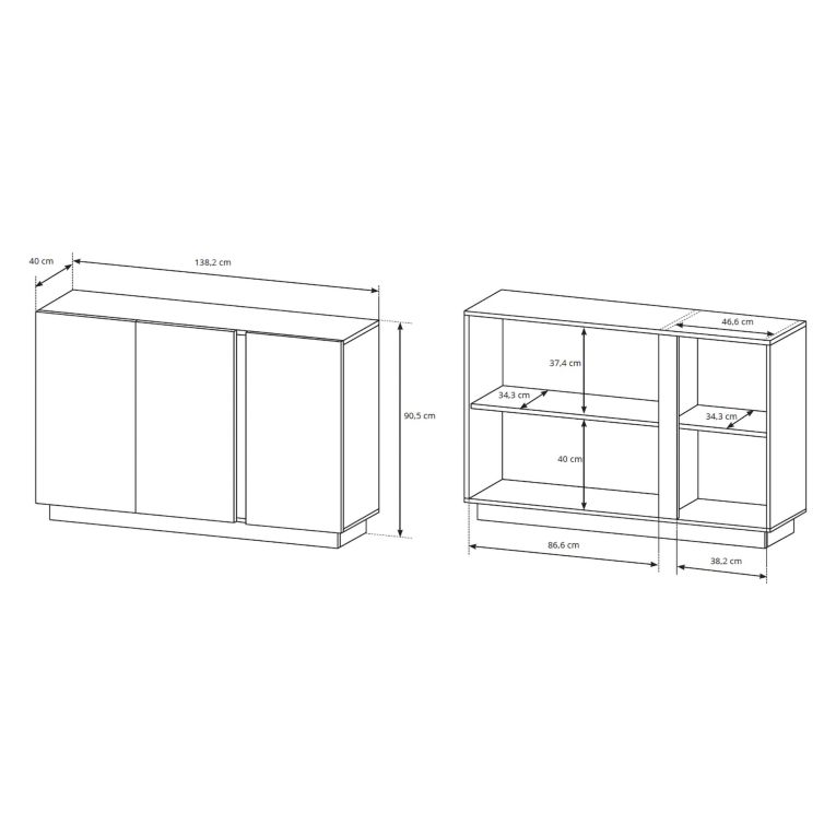 Credenza Bianco Lucido Marrone Rovere 3 Ripiani Apertura Battente 138x40x91h cm, 3 Ante - Hala
